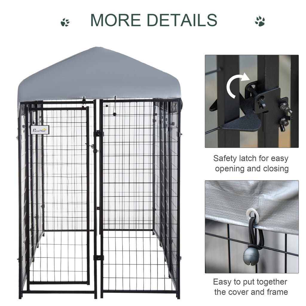 Outdoor Dog Kennel with Roof, 8' x 4' x 6' Heavy Duty Welded Wire Dog Playpen Enclosure with Escape-proof Lock, UV-Resistant & Waterproof Cover, for Large Dogs, Silver