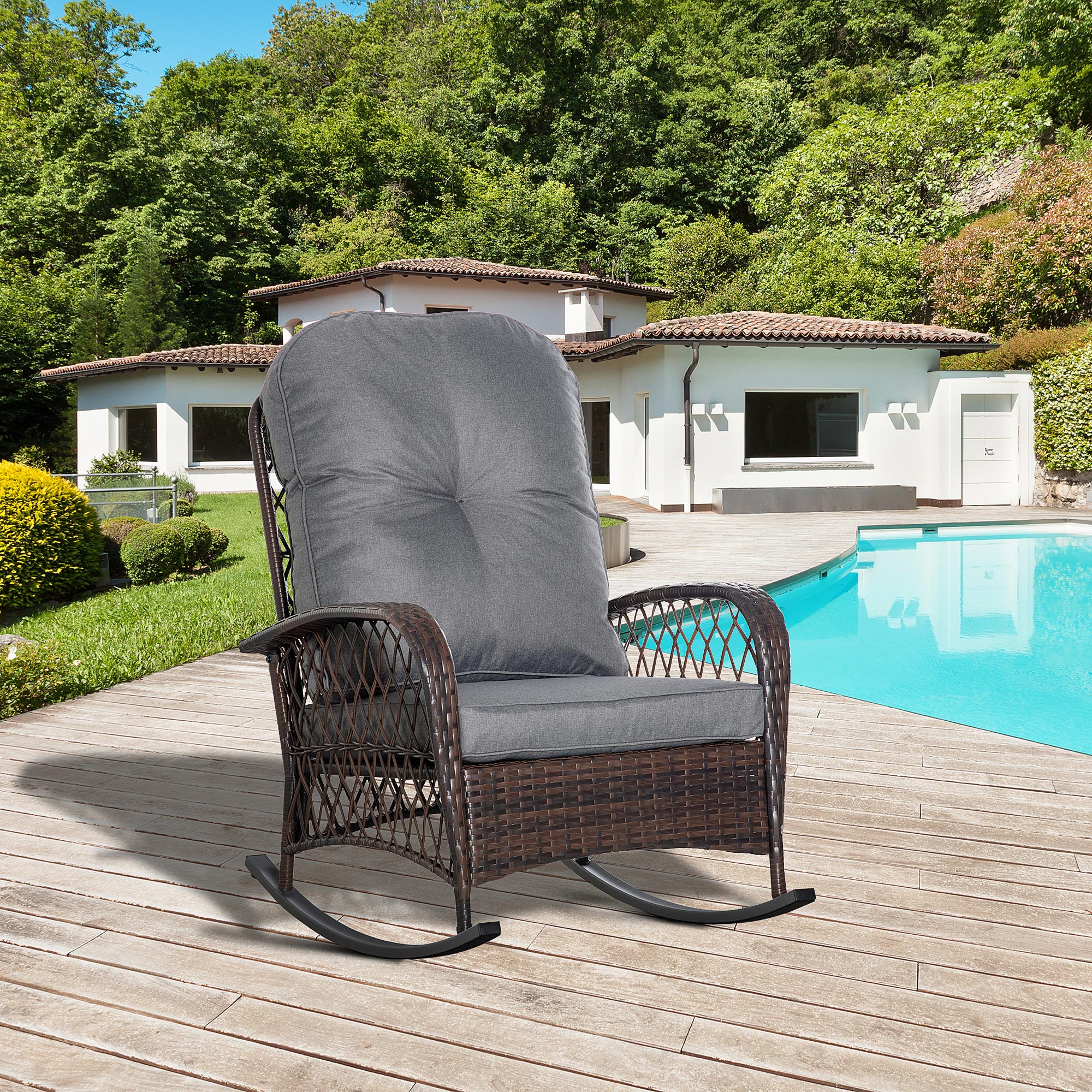 Rattan Porch Rocker w/ Plush Cushion, Gray