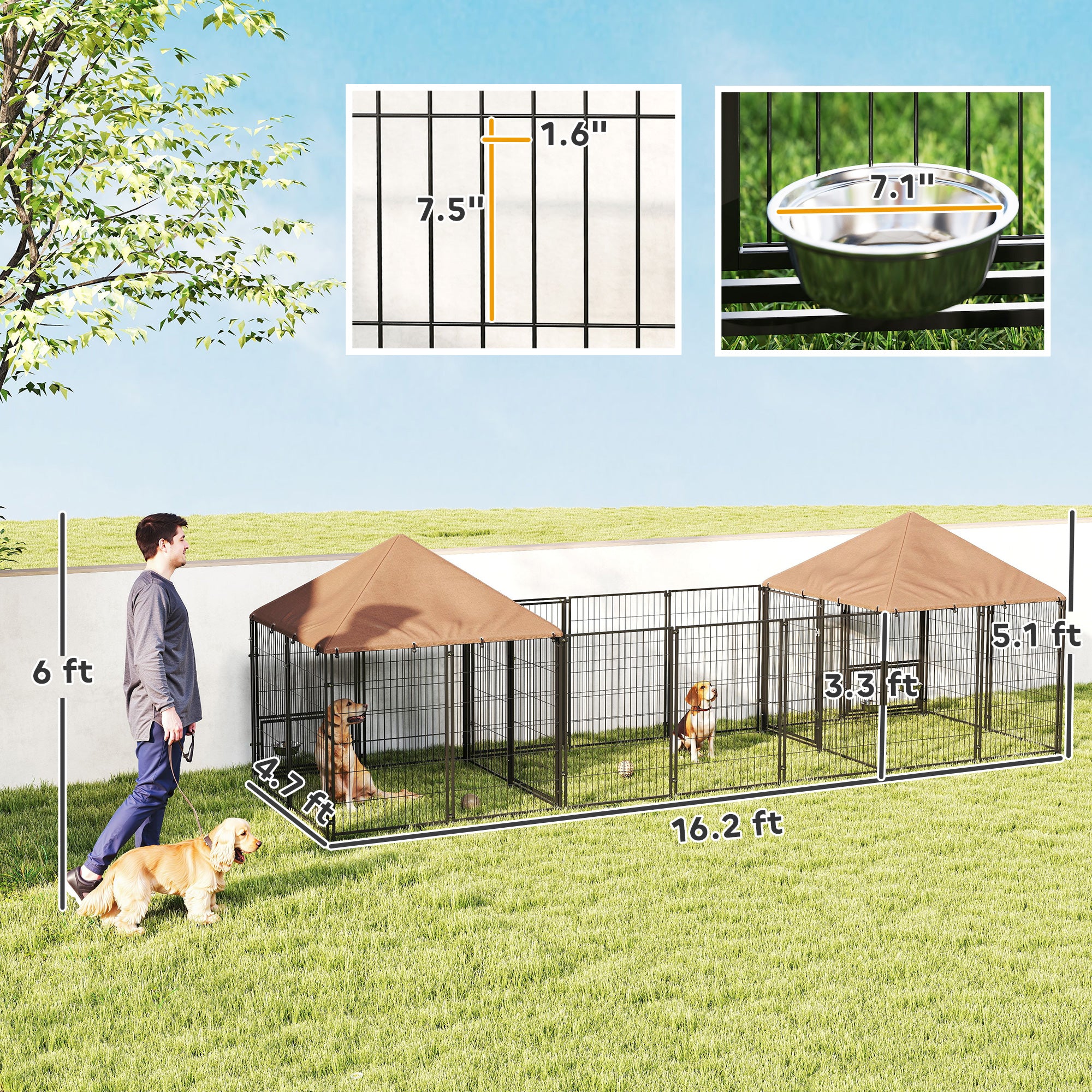 Large Outdoor Dog Kennel with 2 Rooms, Rotating & Adjustable Height Bowls, Waterproof & UV-Resistant Canopy