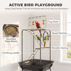 64"H Rolling Bird Playground Parrot Stand with Seed Guard & Wheels, Ladders, Swing, Toy Hook & Bowls