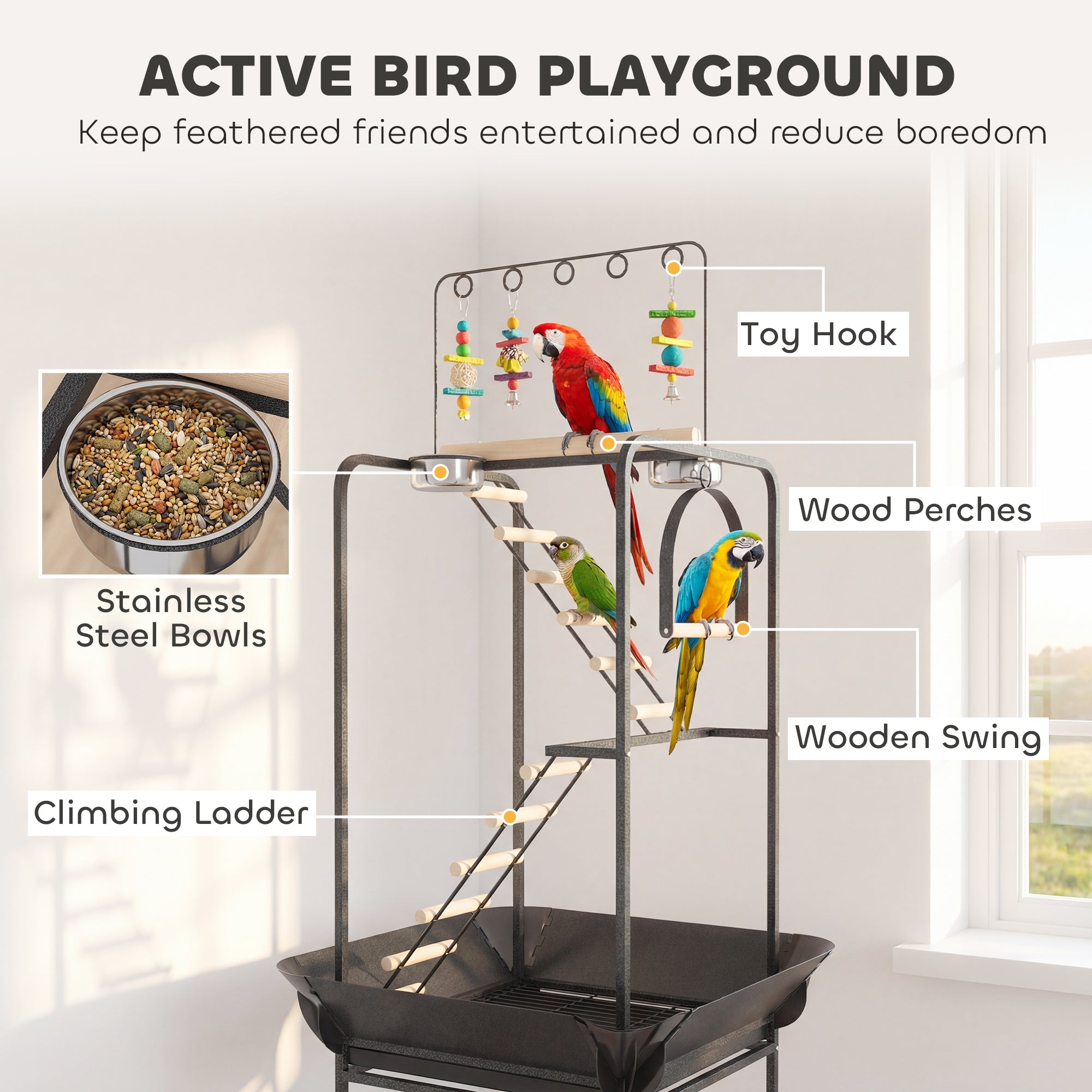 64"H Rolling Bird Playground Parrot Stand with Seed Guard & Wheels, Ladders, Swing, Toy Hook & Bowls
