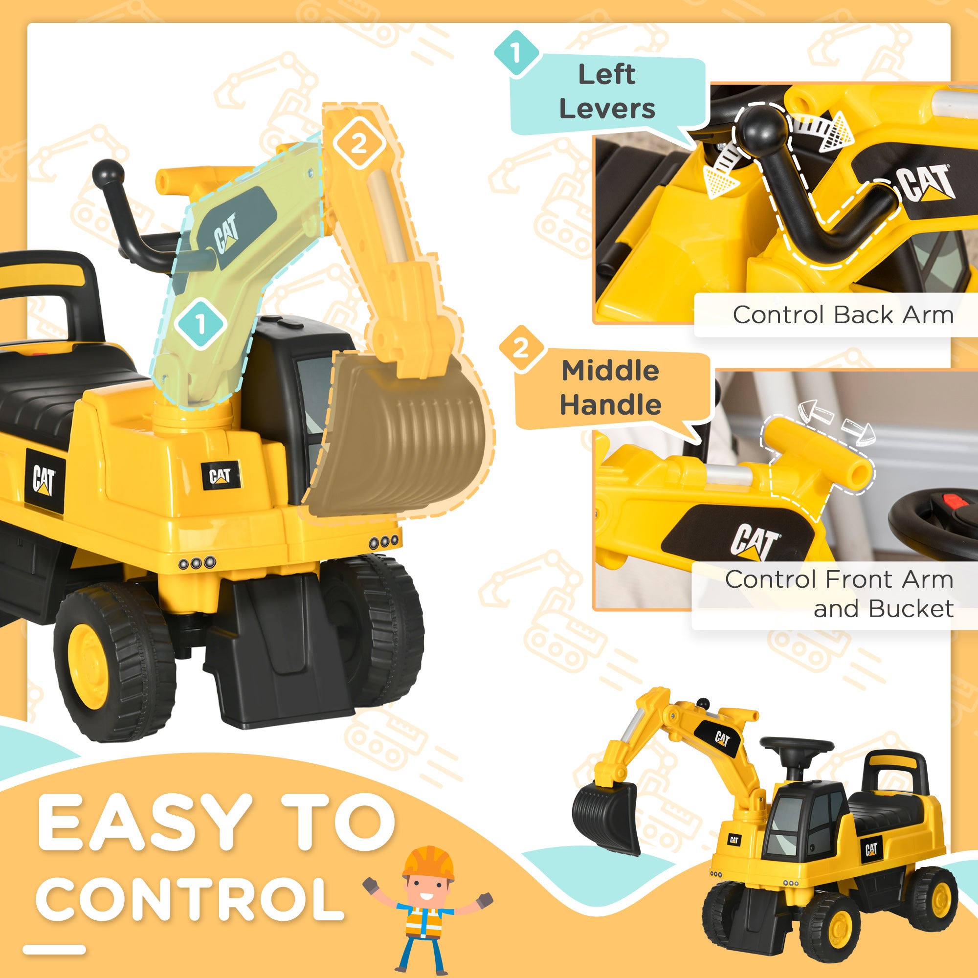 Kids Excavator Ride on Toy CAT Licensed with Manual Shovel, Horn, Hidden Storage for 18-36 Months, Yellow