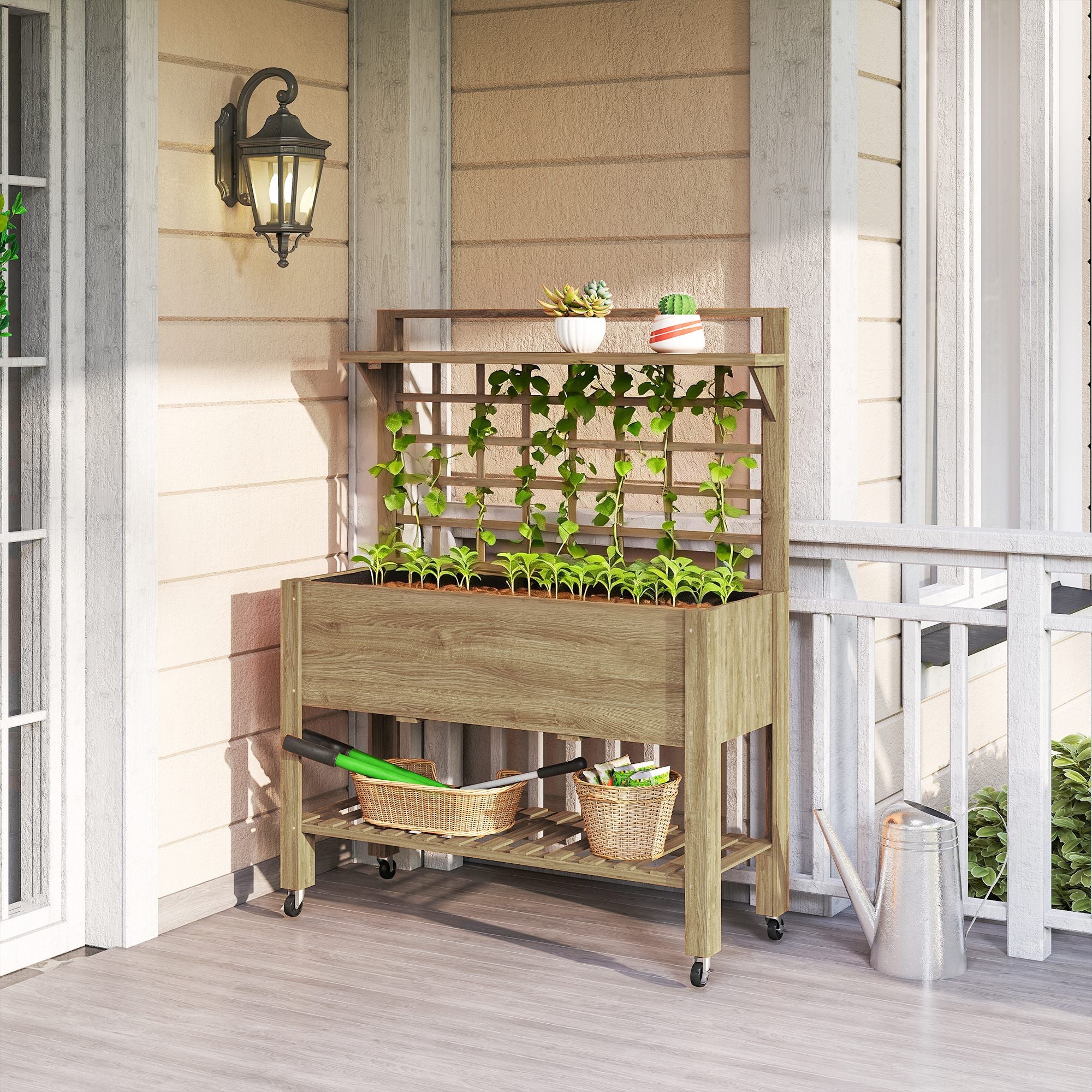 41" Raised Garden Bed Mobile Elevated Wooden Planter Box Stand with Wheels, Trellis and Storage Shelf, Dark Brown