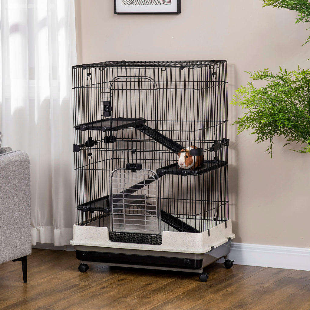 32"L 4-Level Small Animal Cage Rabbit Hutch with Universal Lockable Wheels, Slide-out Tray for Bunny, Chinchillas, Ferret, Black