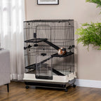 32"L 4-Level Small Animal Cage Rabbit Hutch with Universal Lockable Wheels, Slide-out Tray for Bunny, Chinchillas, Ferret, Black