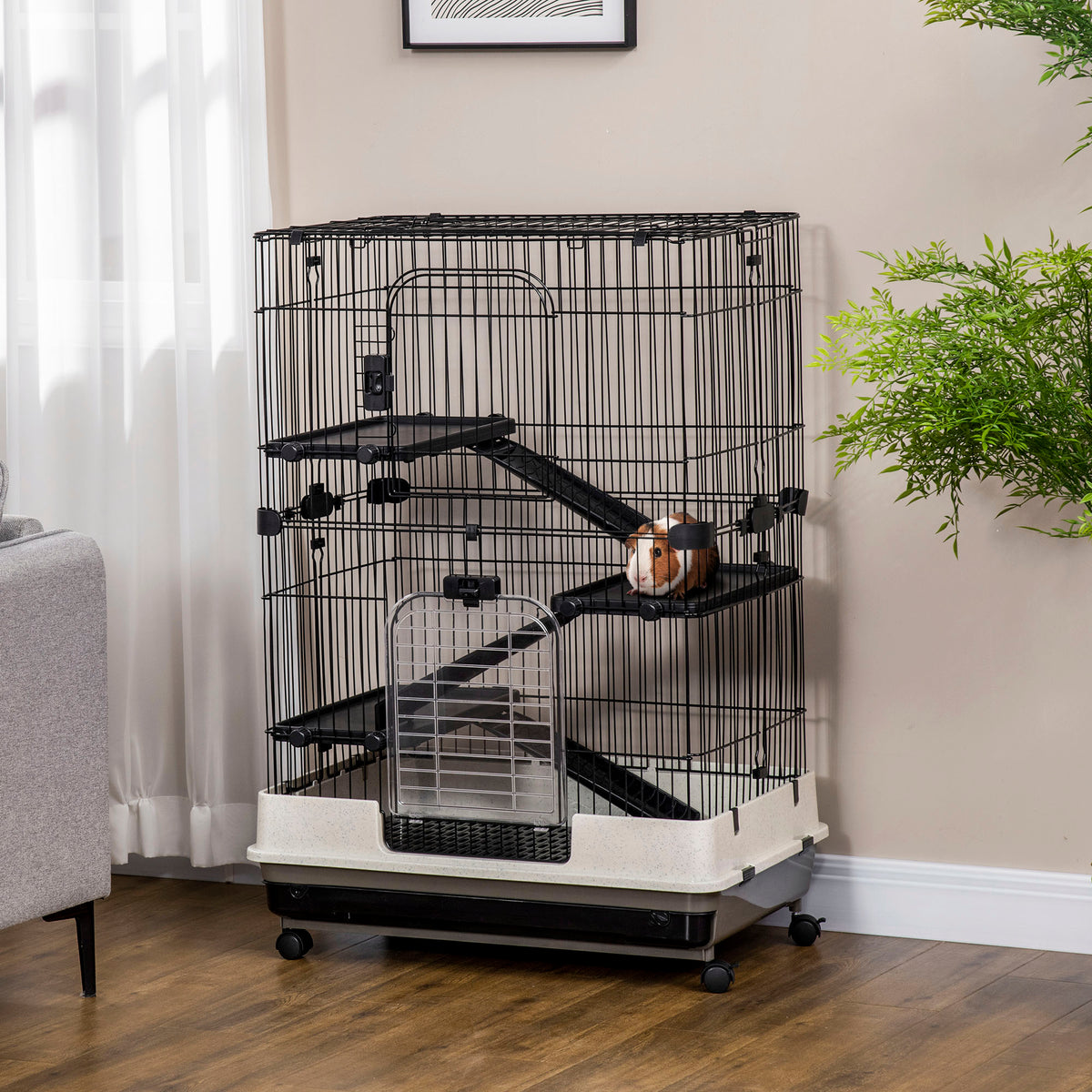 32"L 4-Level Small Animal Cage Rabbit Hutch with Universal Lockable Wheels, Slide-out Tray for Bunny, Chinchillas, Ferret, Black