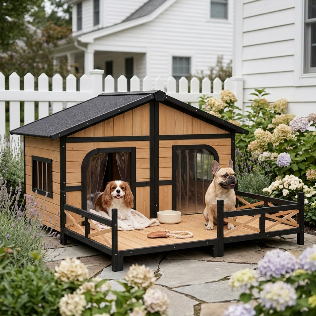 Dog House Outdoor, Wooden Dog Kennel Weatherproof with Porch, Openable Roof, Removable Bottom, Elevated Floor, Double Room for 2 Small to Medium Breeds, Natural