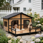 Dog House Outdoor, Wooden Dog Kennel Weatherproof with Porch, Openable Roof, Removable Bottom, Elevated Floor, Double Room for 2 Small to Medium Breeds, Natural