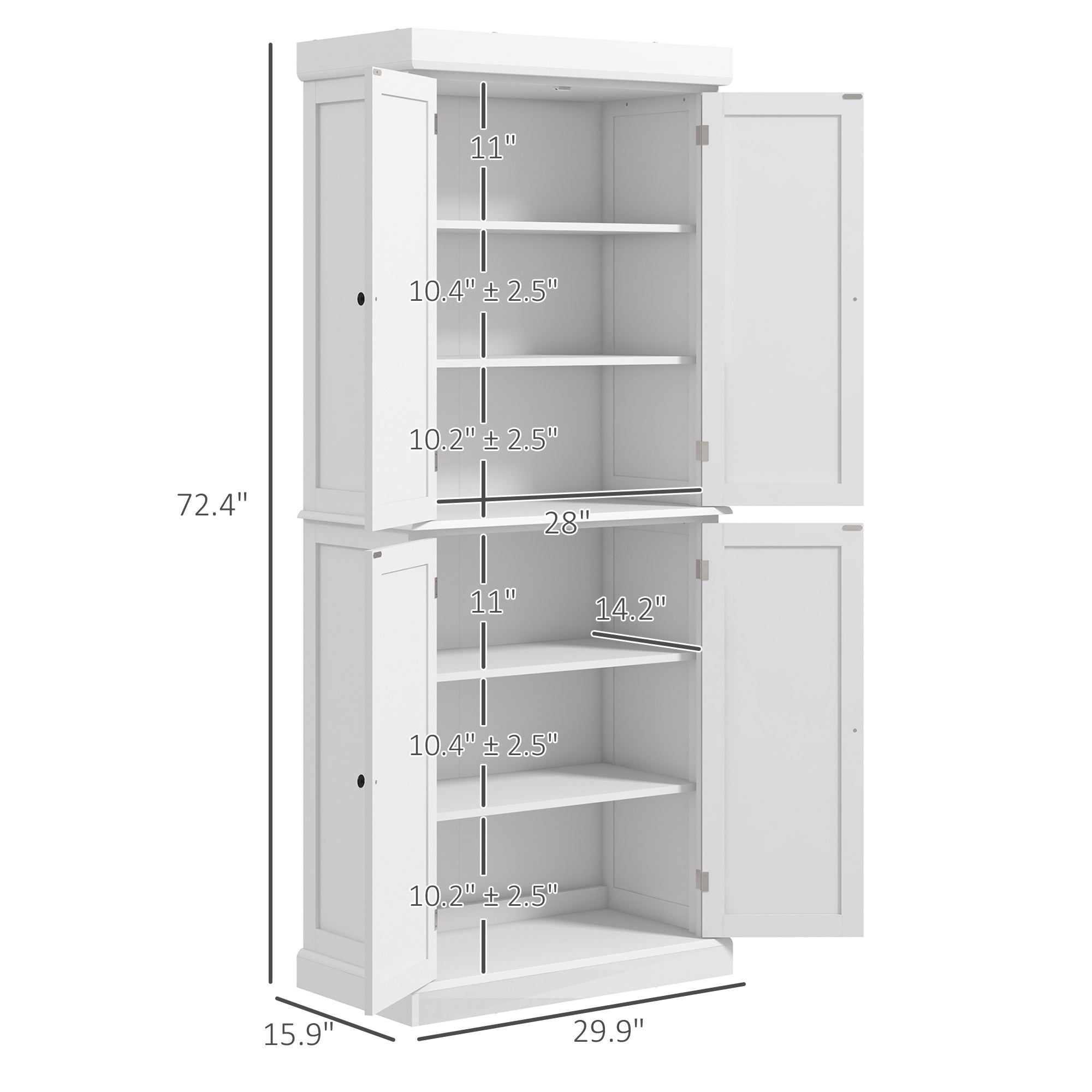 72" Kitchen Cabinet, Pantry Storage Cabinet with Doors and Shelves, Freestanding Food Pantry Cabinet, White
