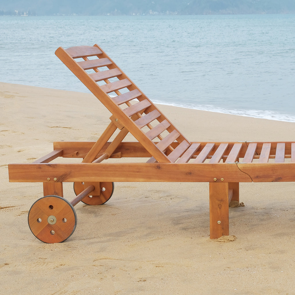Outdoor Folding Chaise Lounge Chair Recliner with Wheels, Acacia Wood Frame - Teak Color