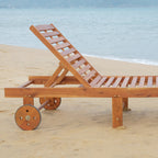 Outdoor Folding Chaise Lounge Chair Recliner with Wheels, Acacia Wood Frame - Teak Color