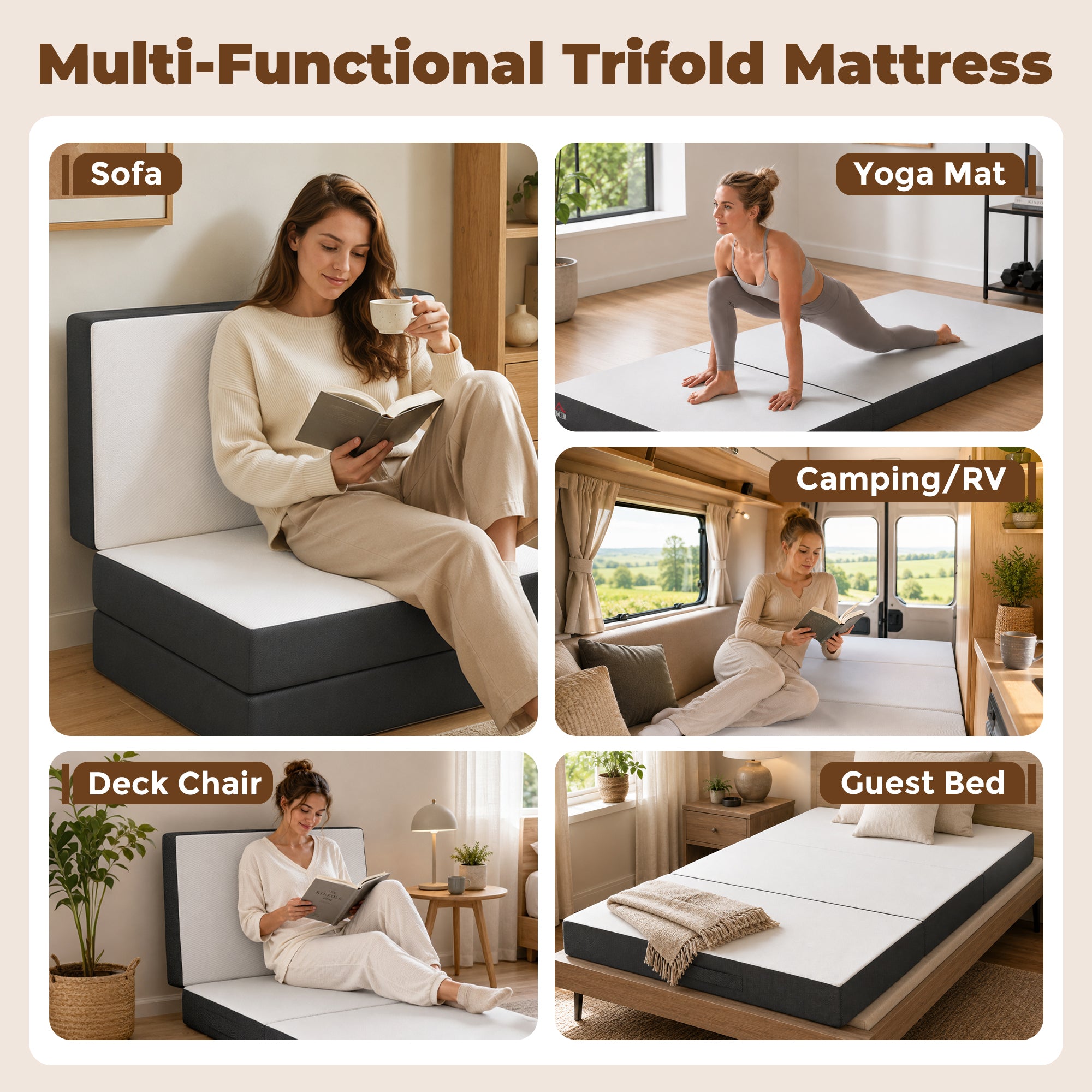Trifold Mattress, 6 Inch Memory Foam Mattress for Guest, Camping, RV, Travel, Yoga, Made in USA, 75" x 38" x 6"