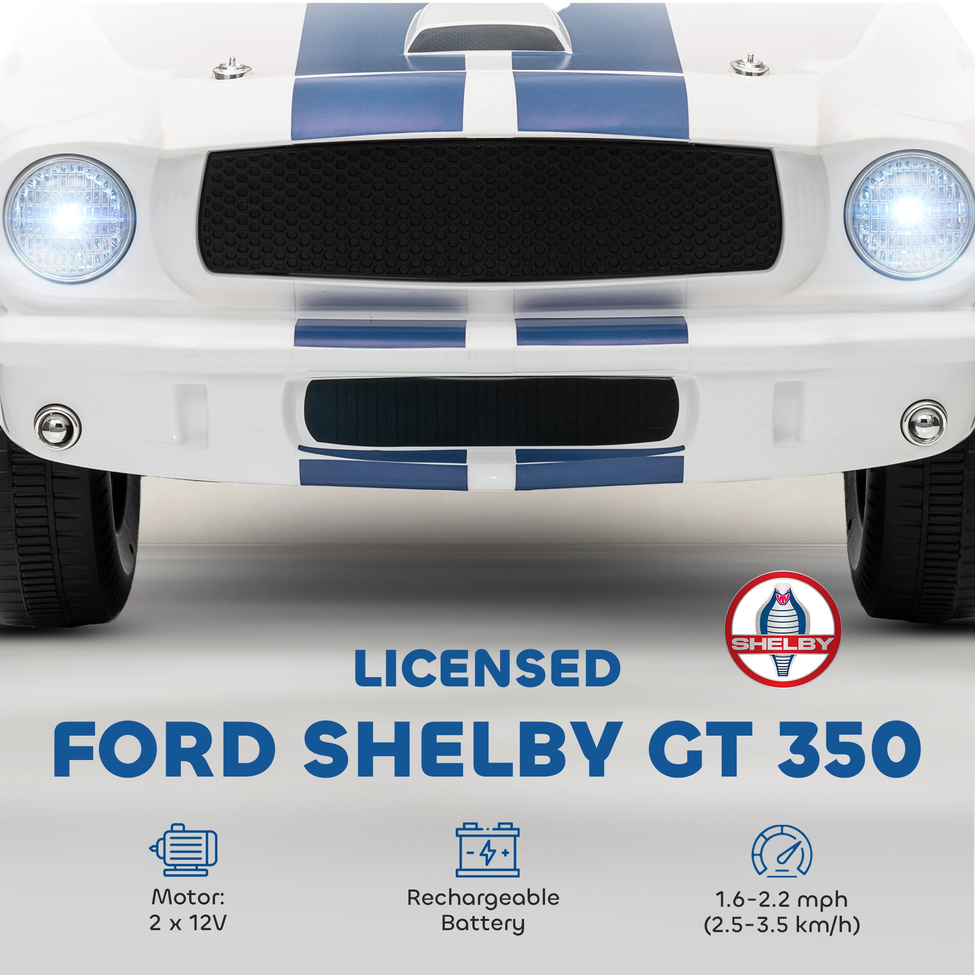 Licensed Shelby GT 350 Kids Ride On Car with Remote Control, Adjustable Speed, MP3, Smooth Start, LED Lights, White