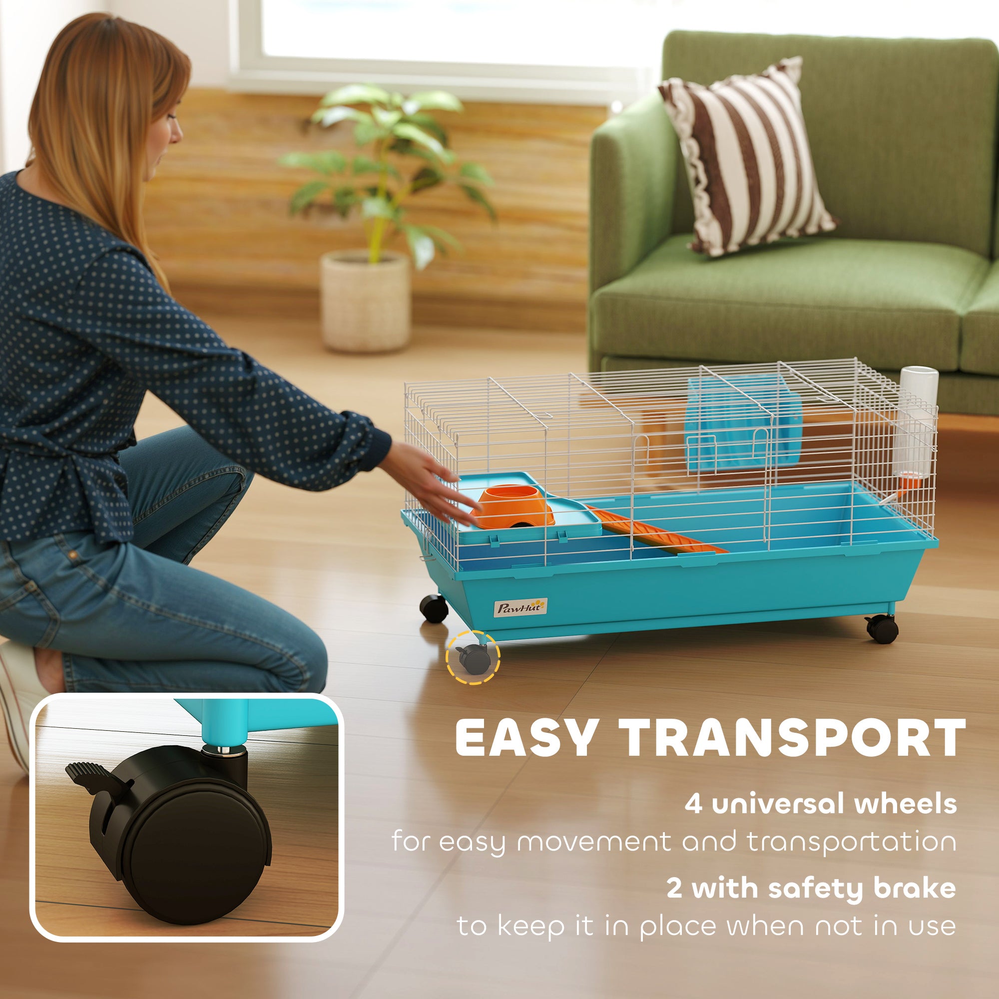 35"L Small Animal Cage, Rolling Bunny Cage, Guinea Pig Cage with Wheels, Food Dish, Water Bottle, Hay Feeder, Blue
