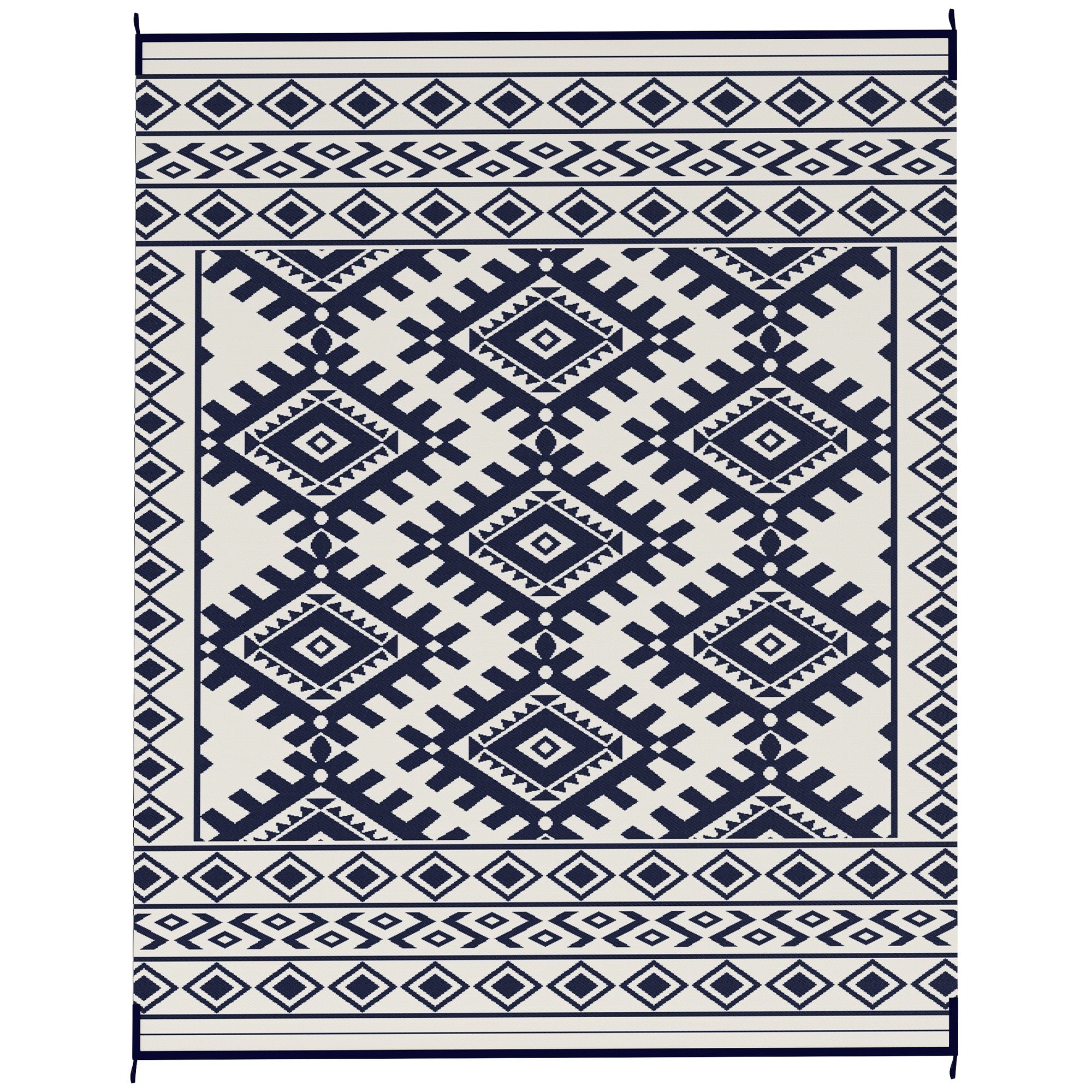 Reversible Outdoor Rug, Waterproof Plastic Straw with Carry Bag, 8' x 10', Blue & White Rhombus Border