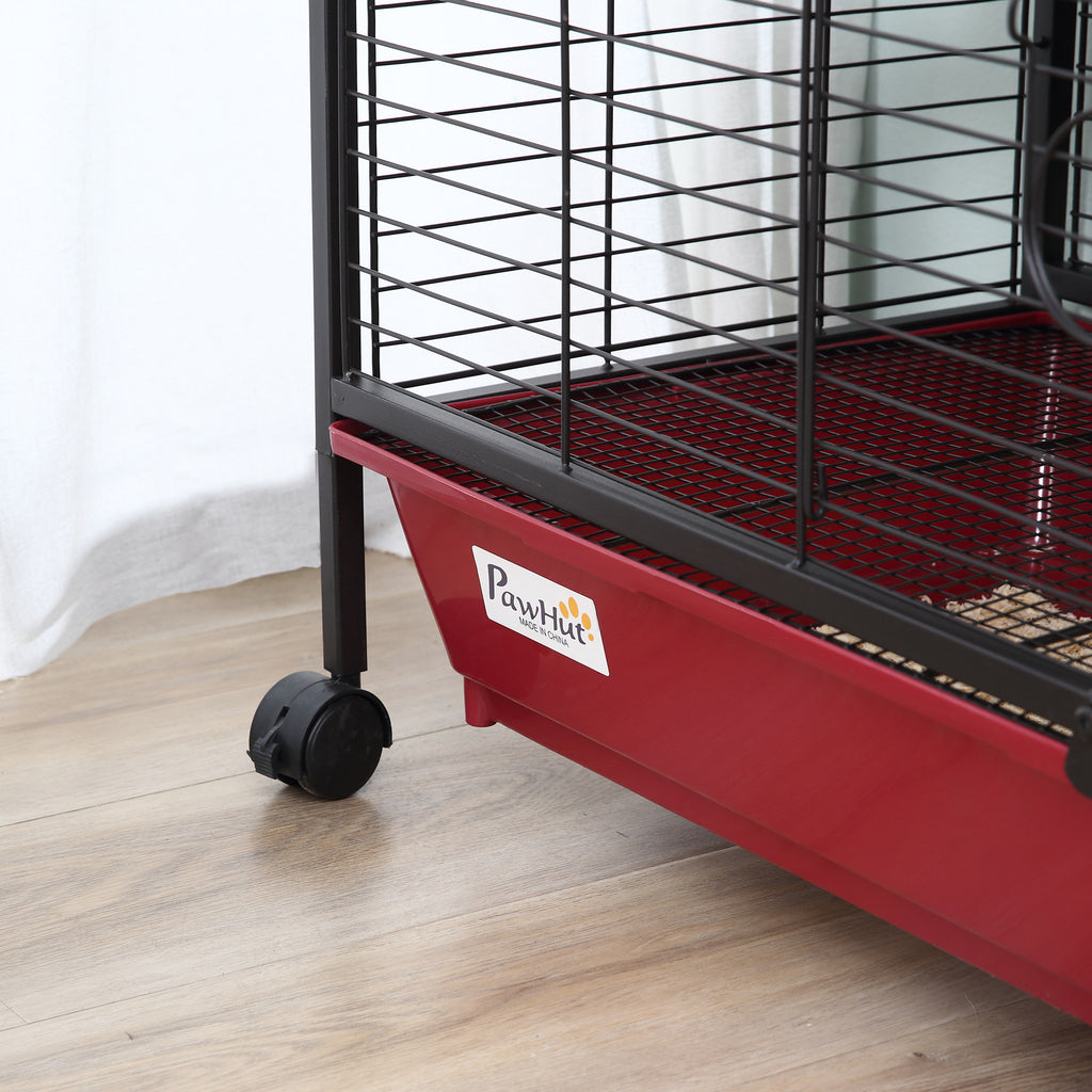 41"L Small Animal Cage, Pet Play House for Rabbit Hutch Ferret with Feeder, Rolling Wheels, Platform, Ramp