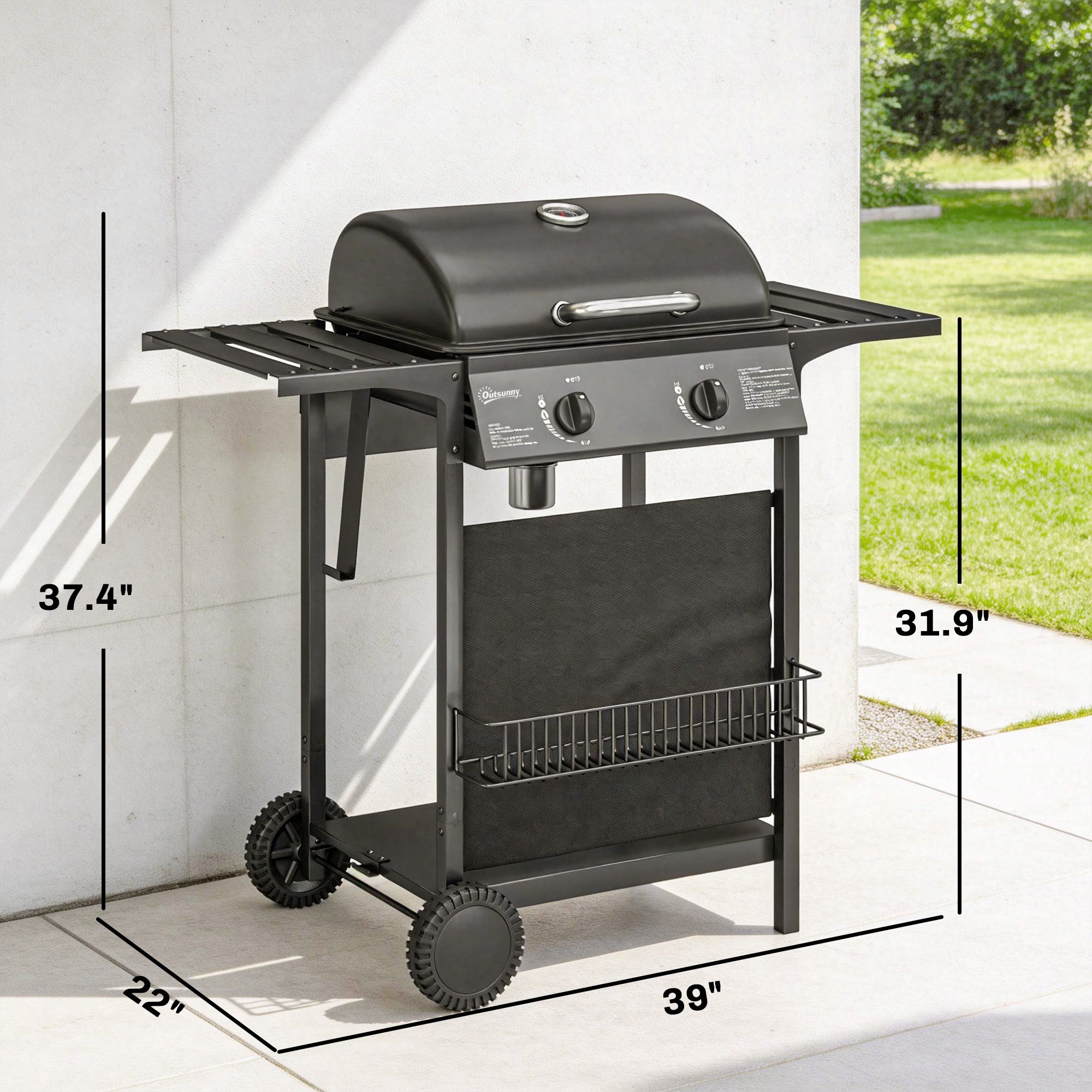 2 Burner Propane Gas Grill, 18000 BTU BBQ Grill with Wheels, Warming Rack, Shelf, Thermometer, Grease Cup, Black