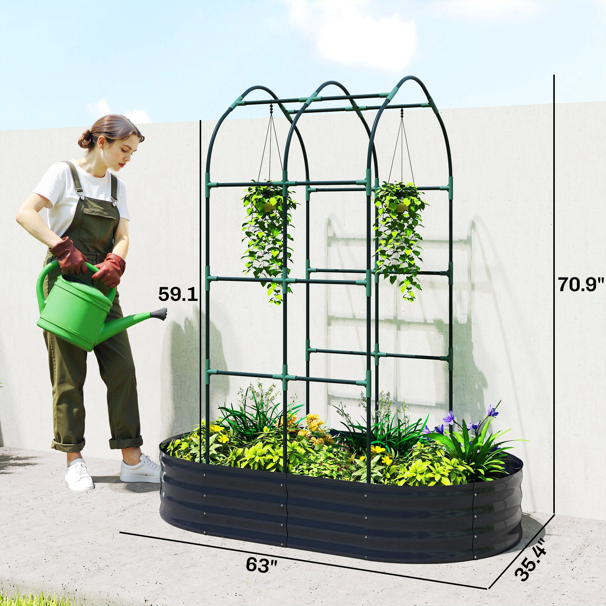 Galvanised Raised Garden Bed with Arched Trellis, 5 x 3 x 6ft Metal Outdoor Planter Box with Open Bottom, Dark Gray