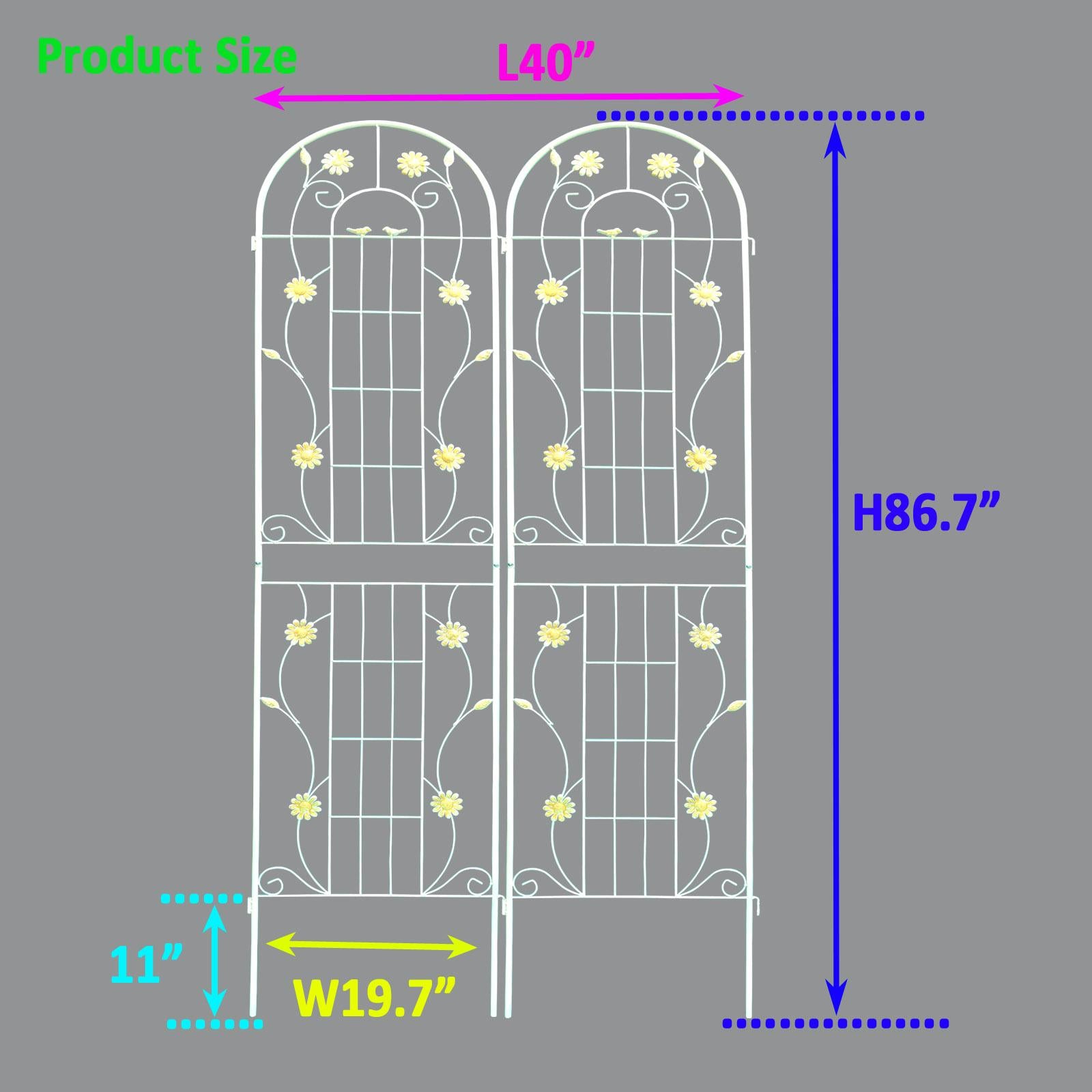 2 Pack Metal Garden Trellis with Leaves and Flower Decorations, Rustproof Climbing Plant Support, Easy to Assemble, Cream White
