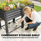 Raised Garden Bed Galvanized Steel, Elevated Planter Box with Storage Shelf, Bed Liner, 31.5" High, Dark Gray