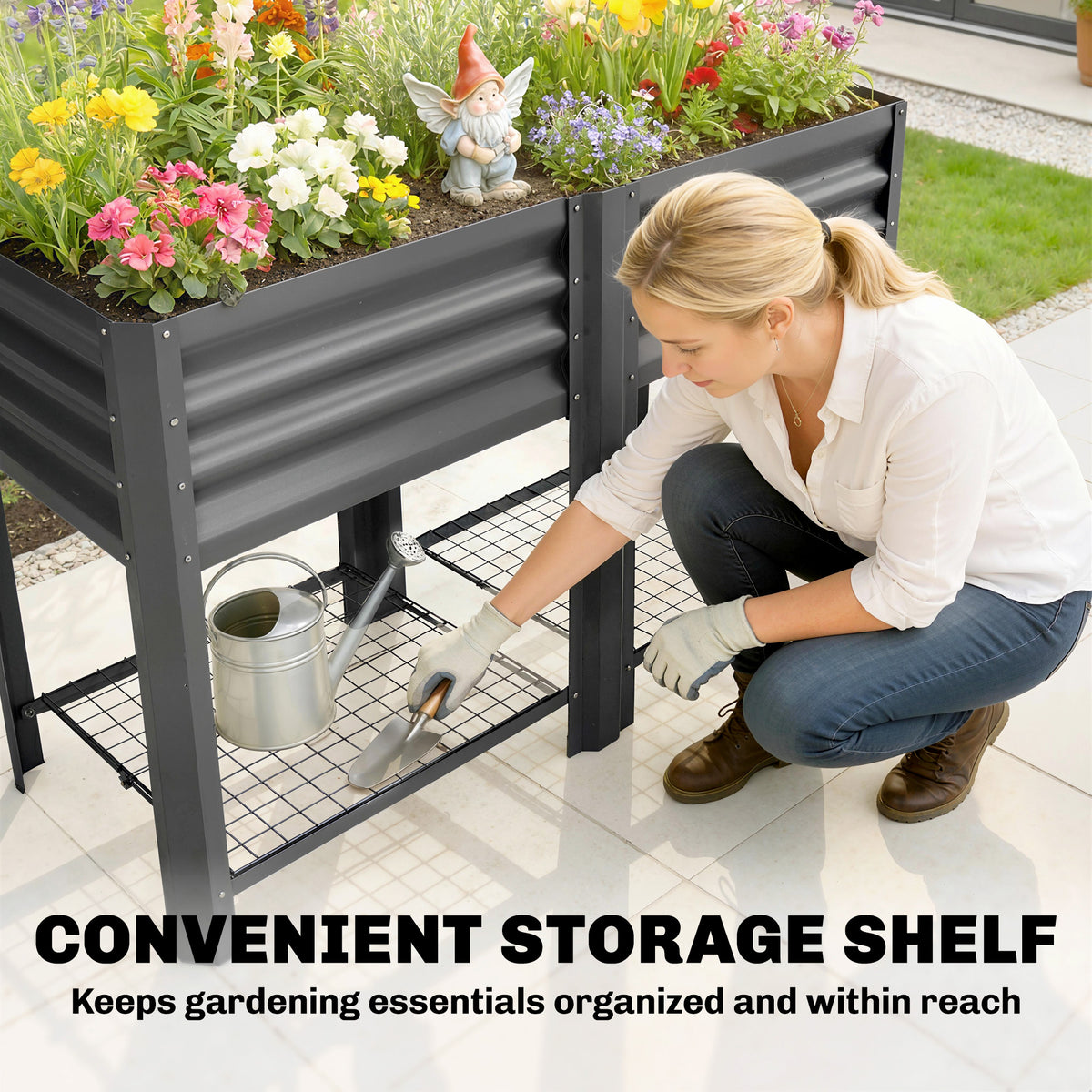Raised Garden Bed Galvanized Steel, Elevated Planter Box with Storage Shelf, Bed Liner, 31.5" High, Dark Gray