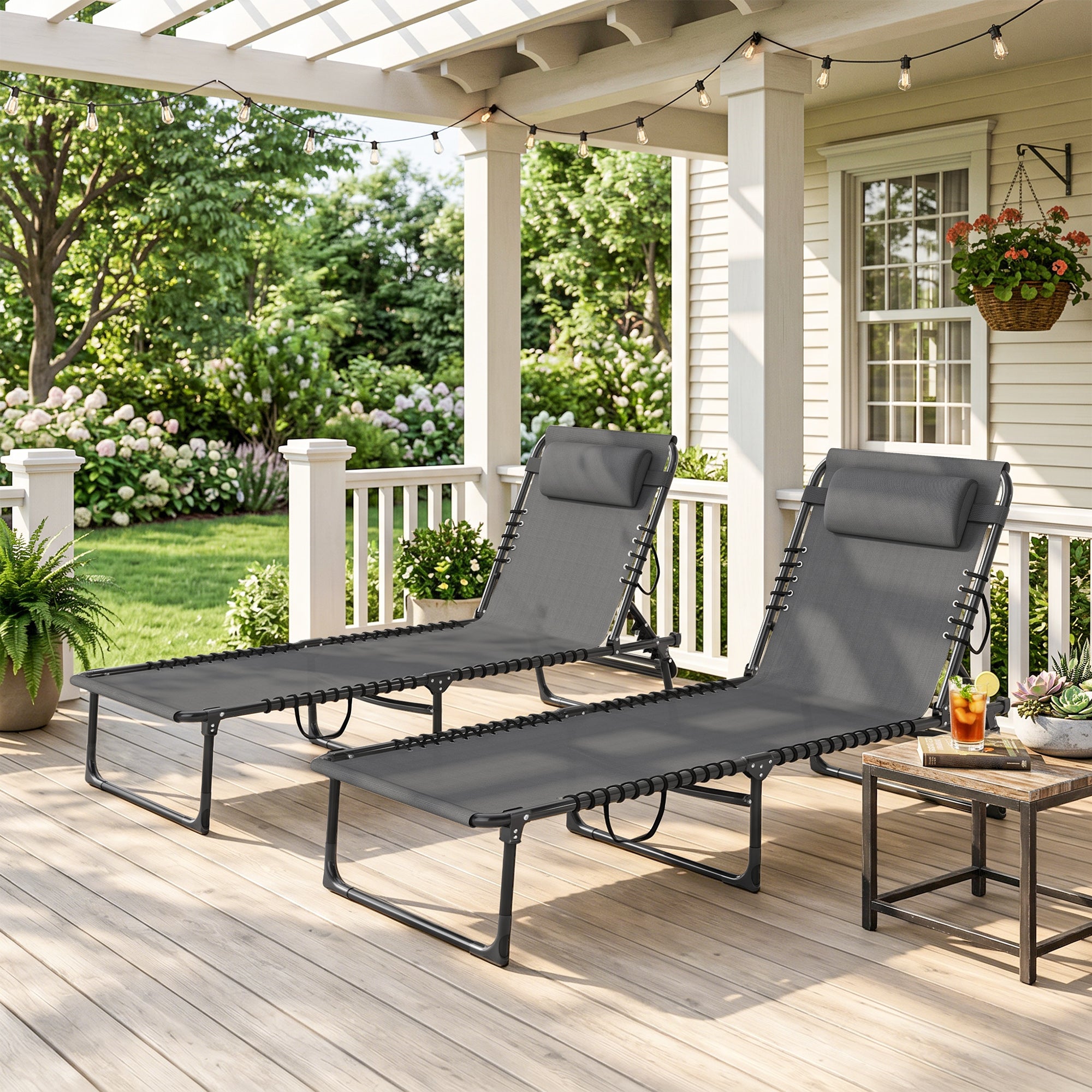 2 Folding Chaise Lounge Pool Chairs with 4-Position Reclining Back, Pillow, Breathable Mesh & Bungee Seat, Gray