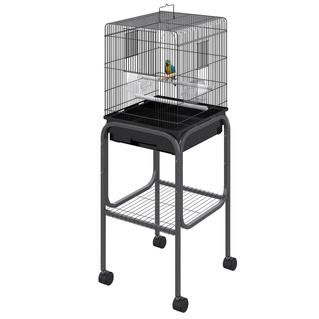 45-inch Metal Indoor Bird Cage, Parrot Cage, Bird Aviary with Detachable Rolling Stand, Storage Basket, and Accessories - Black