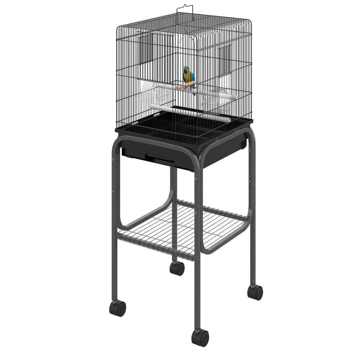 45-inch Metal Indoor Bird Cage, Parrot Cage, Bird Aviary with Detachable Rolling Stand, Storage Basket, and Accessories - Black