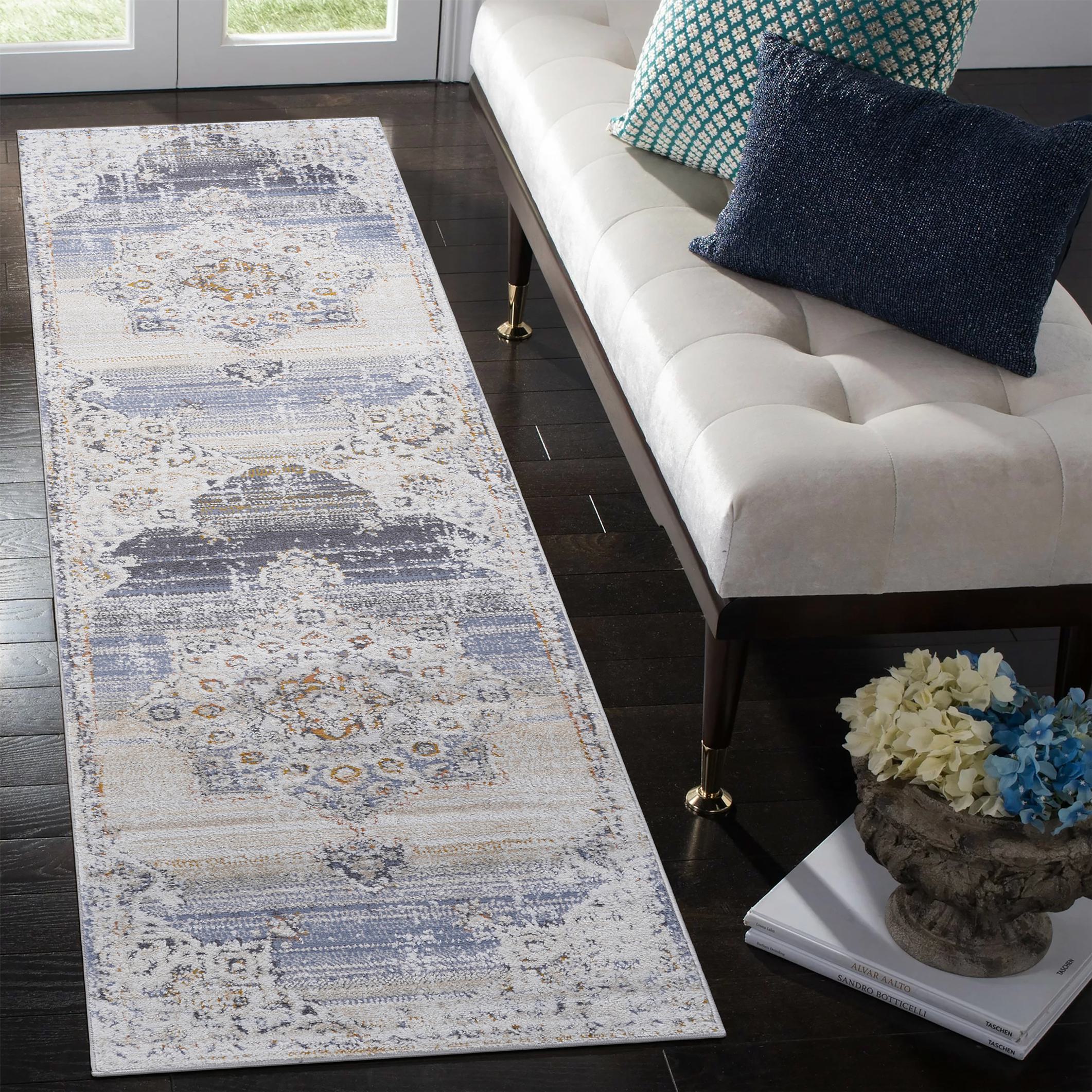 2x8 Medallion Stain-Resistant Area Rug with Cotton Backing, Medium Pile Height, Kid and Pet-Friendly Carpet, 96" L x 26" W x 0.3" H, Cream