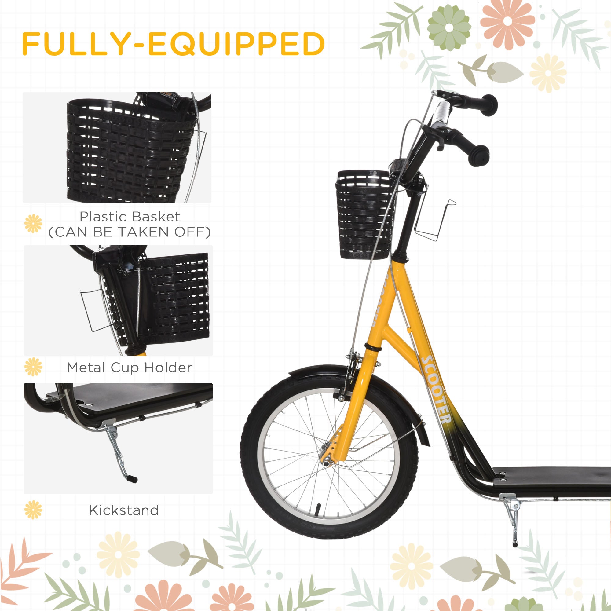 Youth Scooter, Kick Scooter with Adjustable Handlebars, Double Brakes, 16" Inflatable Rubber Tires, Basket, Cupholder, Orange