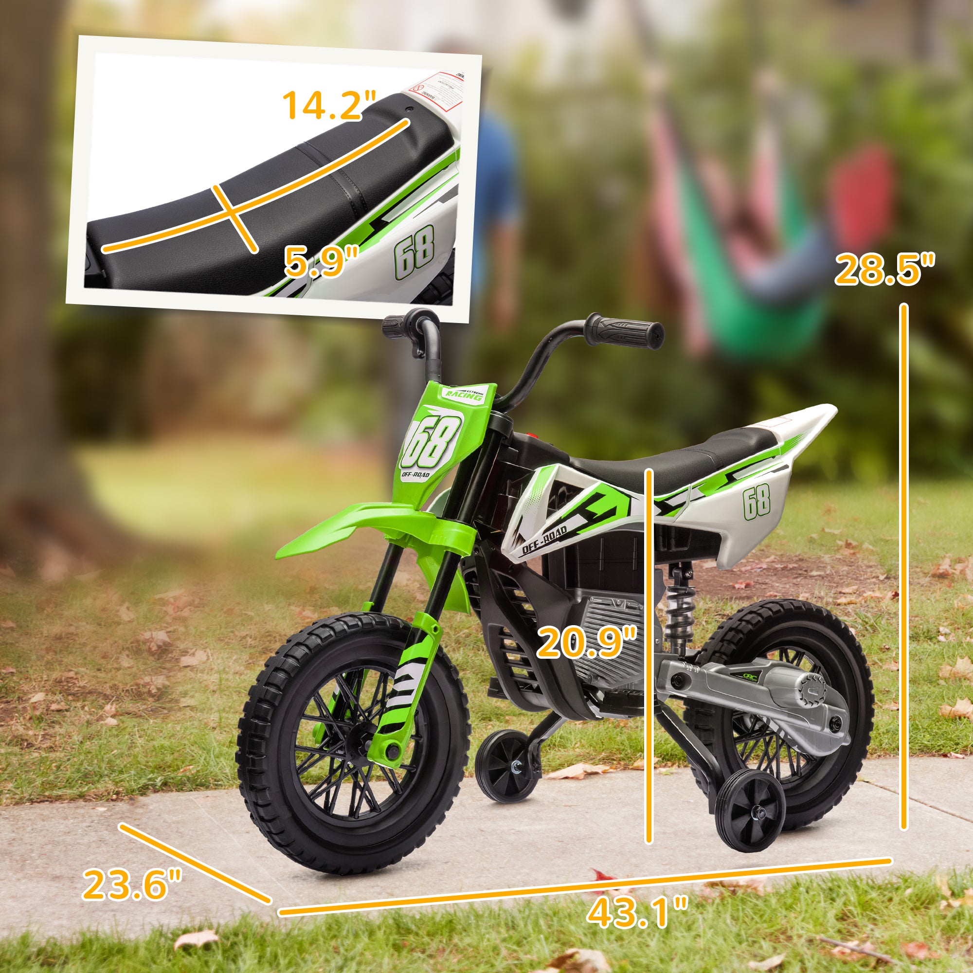 12V Kids Electric Motorcycle w/ Twist Grip Throttle, Training Wheels, Rear Suspension & Music, Green