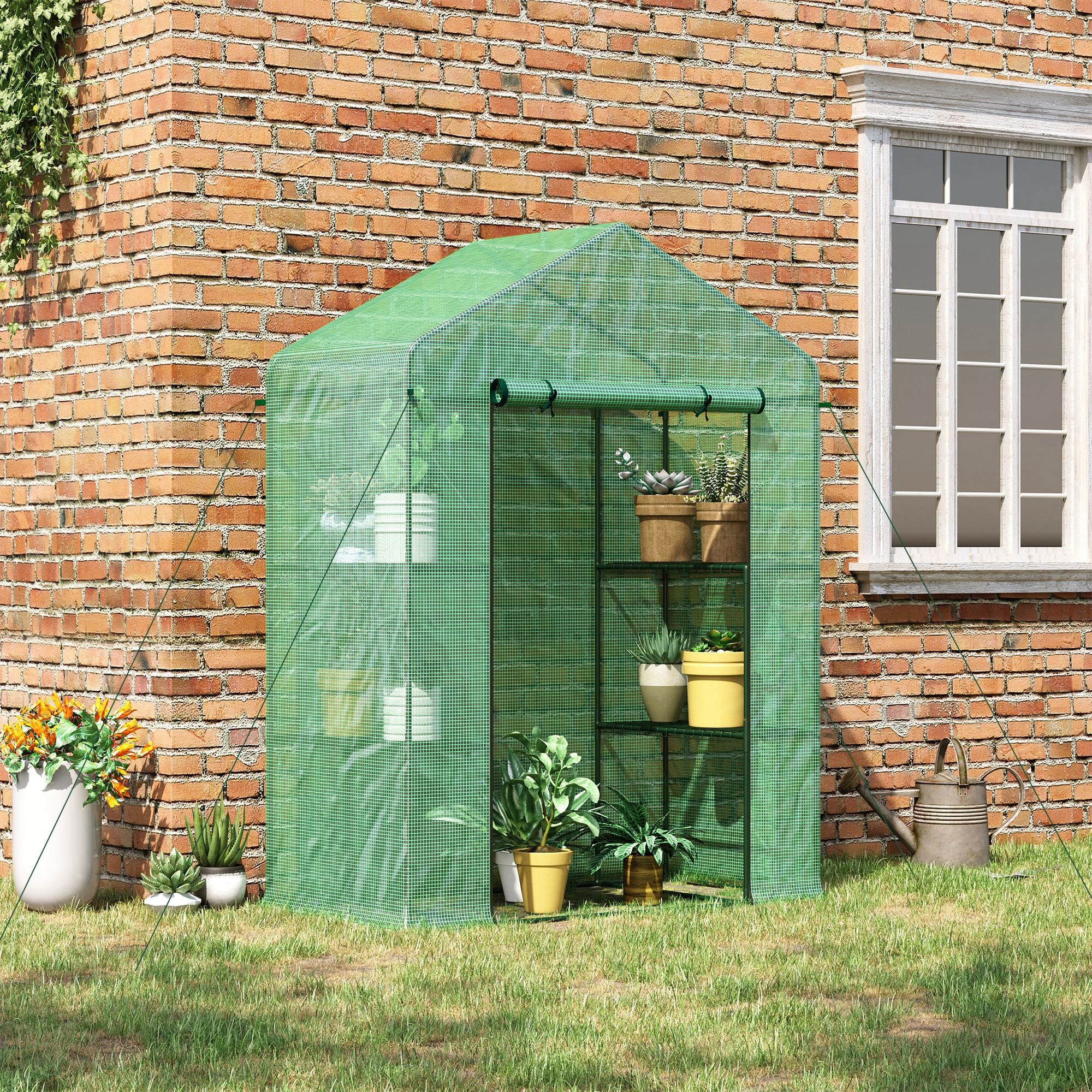 56" x 29" x 77" Walk-in Greenhouse, Garden Hot House with 3 Tier Shleves, Roll-Up Door and PE Cover, Green