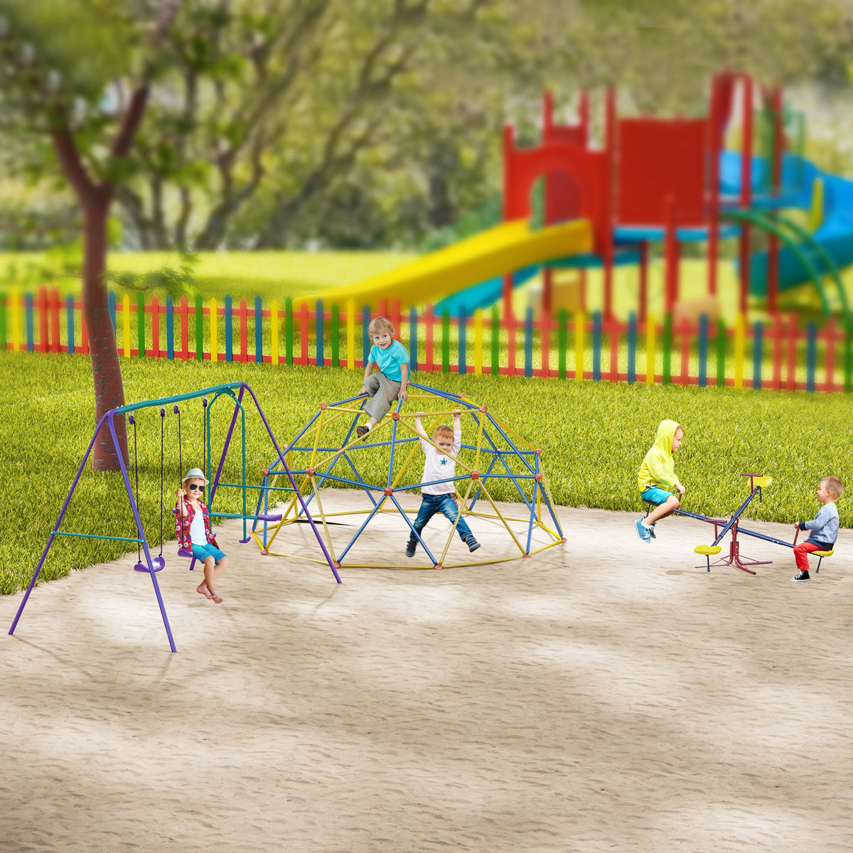 Kids Seesaw Swivel Teeter Totter with 360° Spinning, 4 Seater Seesaw Outdoor Playground Equipment for Backyard, Boys and Girls Aged 3-8 Years Old