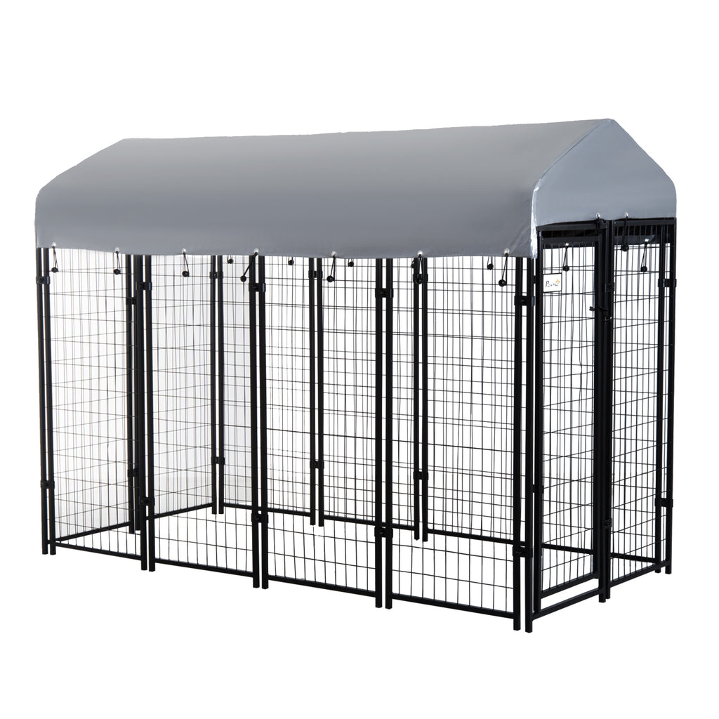 Outdoor Dog Kennel with Roof, 8' x 4' x 6' Heavy Duty Welded Wire Dog Playpen Enclosure with Escape-proof Lock, UV-Resistant & Waterproof Cover, for Large Dogs, Silver