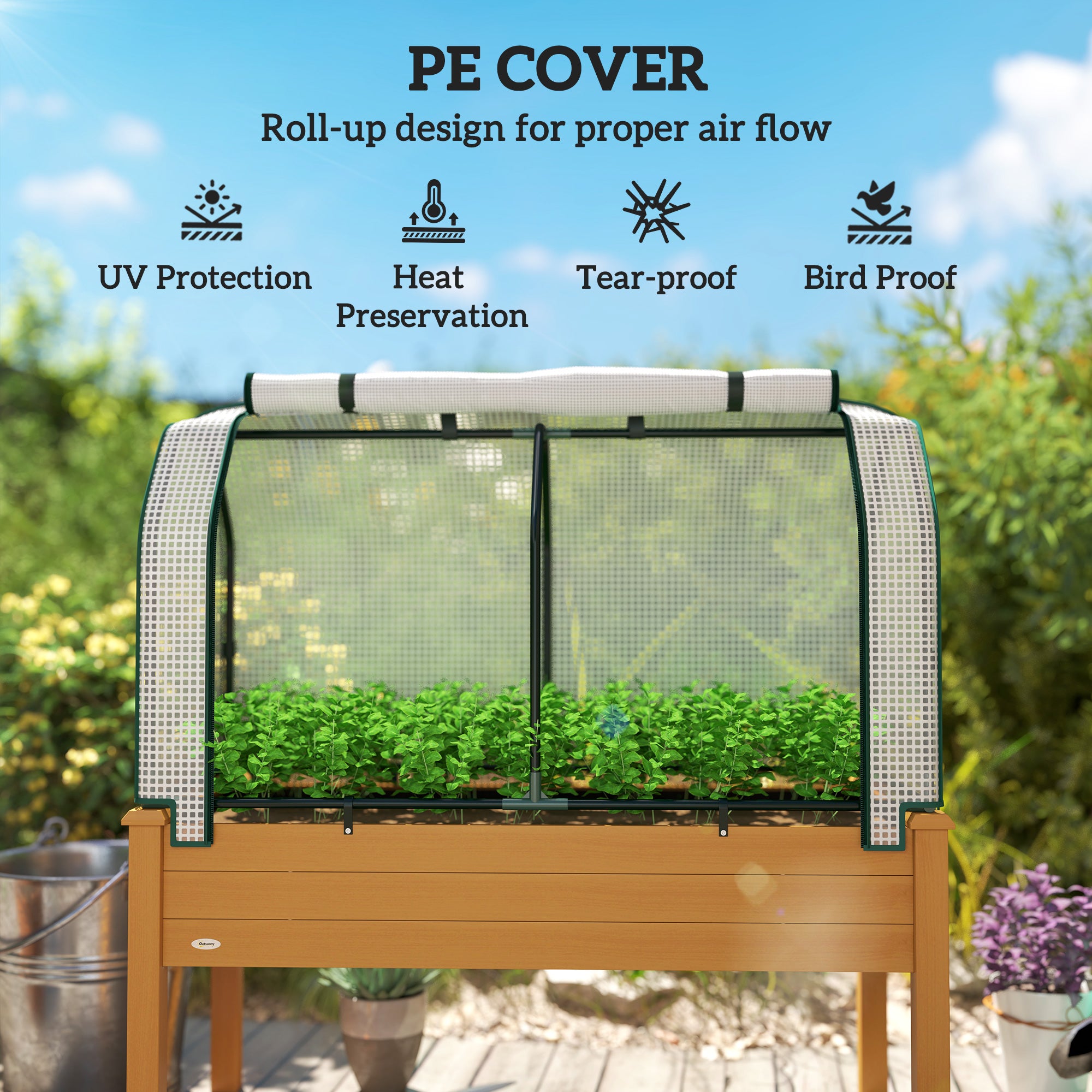 Raised Garden Bed with PE Greenhouse Cover Outdoor Planter Box for Herbs and Vegetables, 48 x 22 x 46 inch, Sand