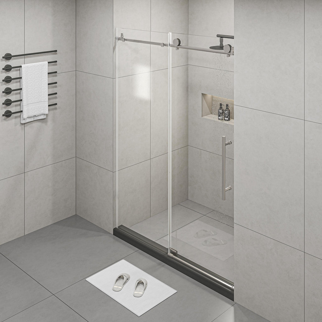 Frameless Shower Door with Stainless Steel Hardware, Support Bar, Bathroom Door with Waterproof Seals, 60" L x 0.5" W x 76" H, Brushed Nickel