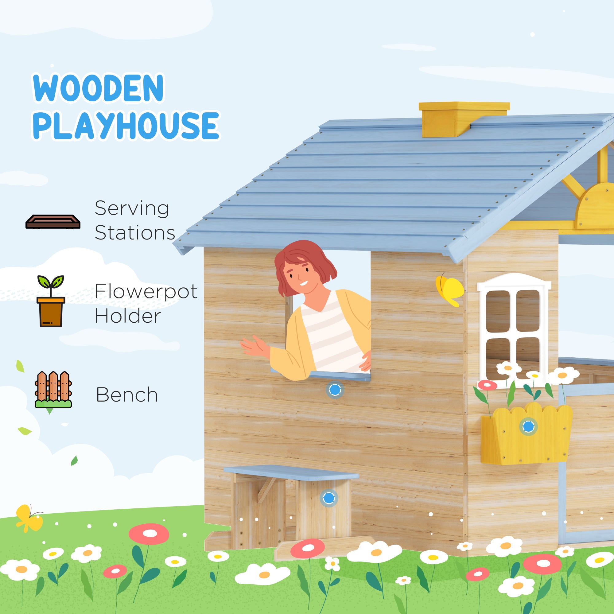 Wooden Playhouse for Kids Outdoor Garden with Working Door, Windows, Bench, Service Station, Flowers Pot Holder, Blue