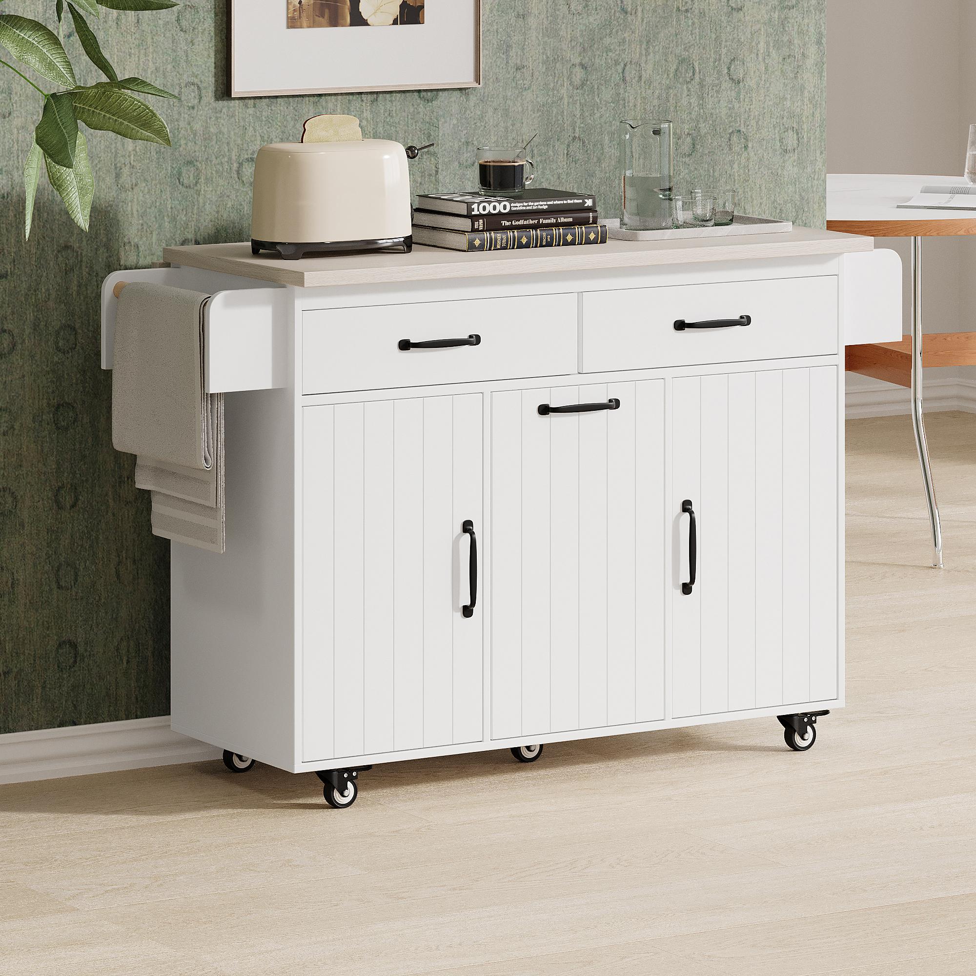 Kitchen Island with Trash Can Storage, Drop Leaf, Spice and Towel Rack, Adjustable Shelf, Utility Cart on Wheels, 51" L x 31.5" W x 35" H, White