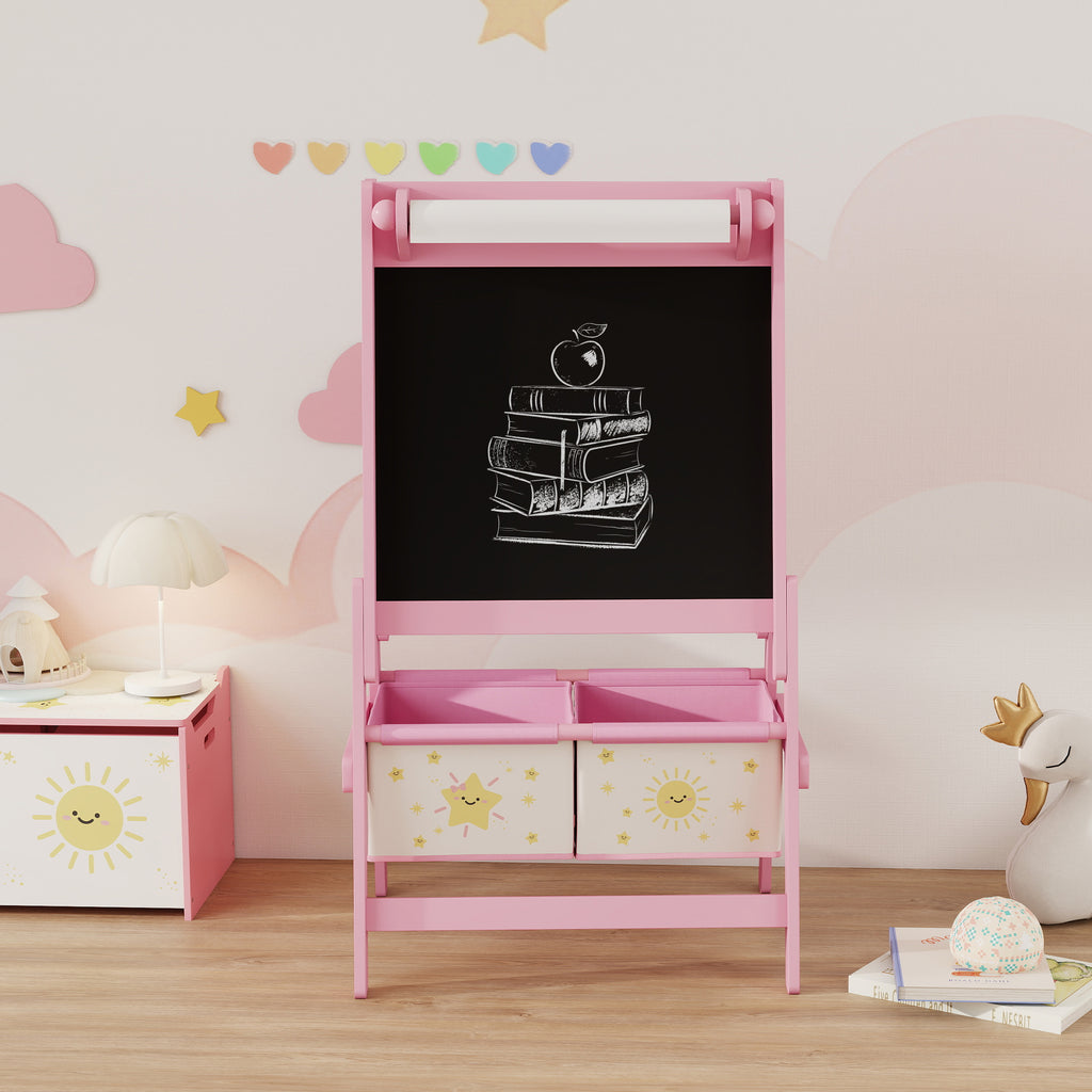 Art Easel for Kids, Double-Sided Whiteboard & Chalkboard with Paper Roll, Storage Baskets for Toddlers Ages 3-8, Pink