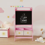 Art Easel for Kids, Double-Sided Whiteboard & Chalkboard with Paper Roll, Storage Baskets for Toddlers Ages 3-8, Pink