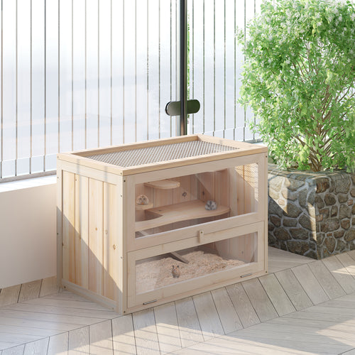 2-Level Hamster Cage Mice and Rat House, Small Animal Habitat for Guinea Pigs, Chinchillas with Openable Top, Front Door, Shelf and Ladder, Natural