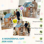 Wooden Kids Playhouse with Pet Door, Play Kitchen, Mailbox, Doorbell, Birdhouse, Fence and Windows for Pretend Play