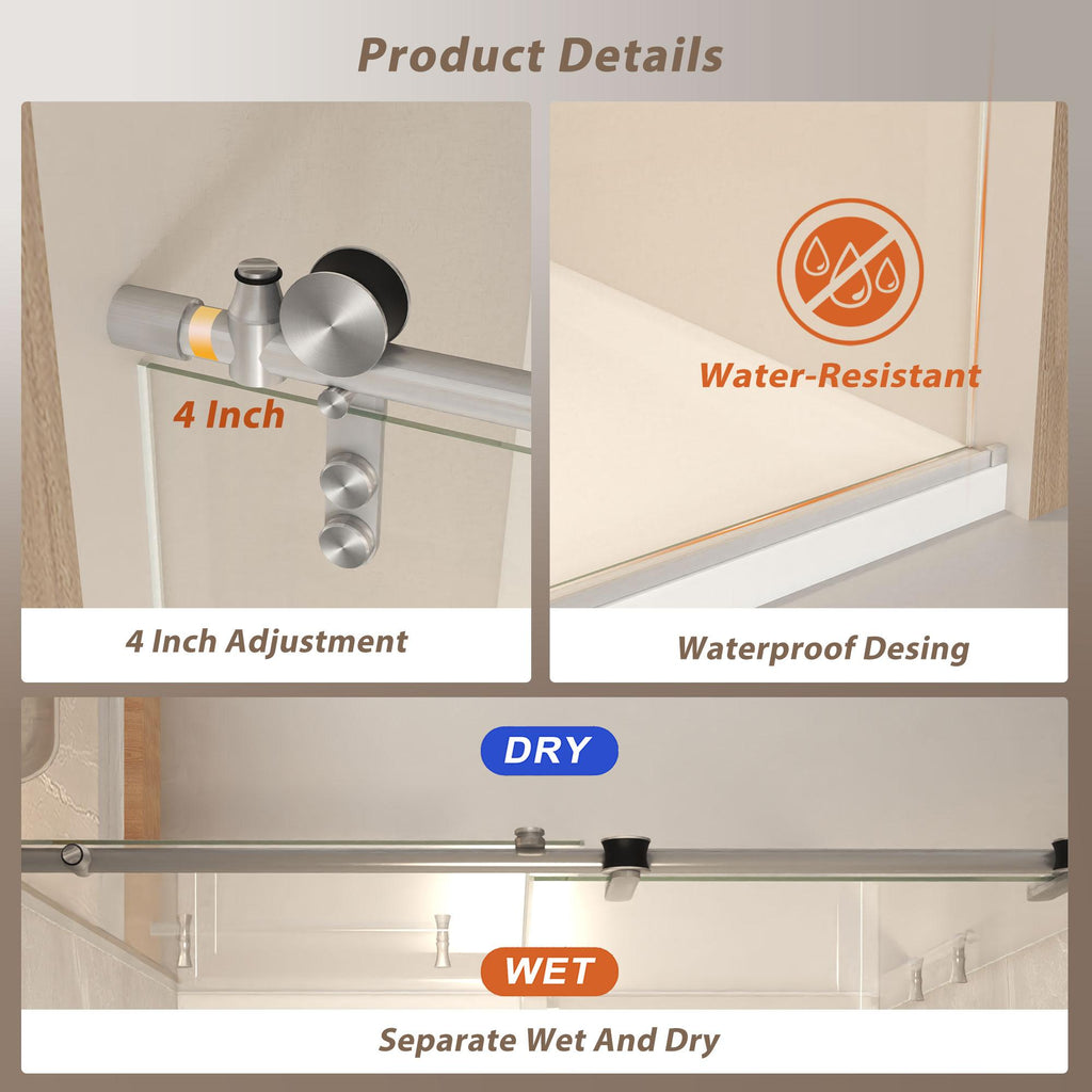 Sliding Shower Door with Waterproof Seals and Tempered Glass, Bathroom Door with Towel Bar Handle, 48" L x 0.5" W x 76" H, Brushed Nickel