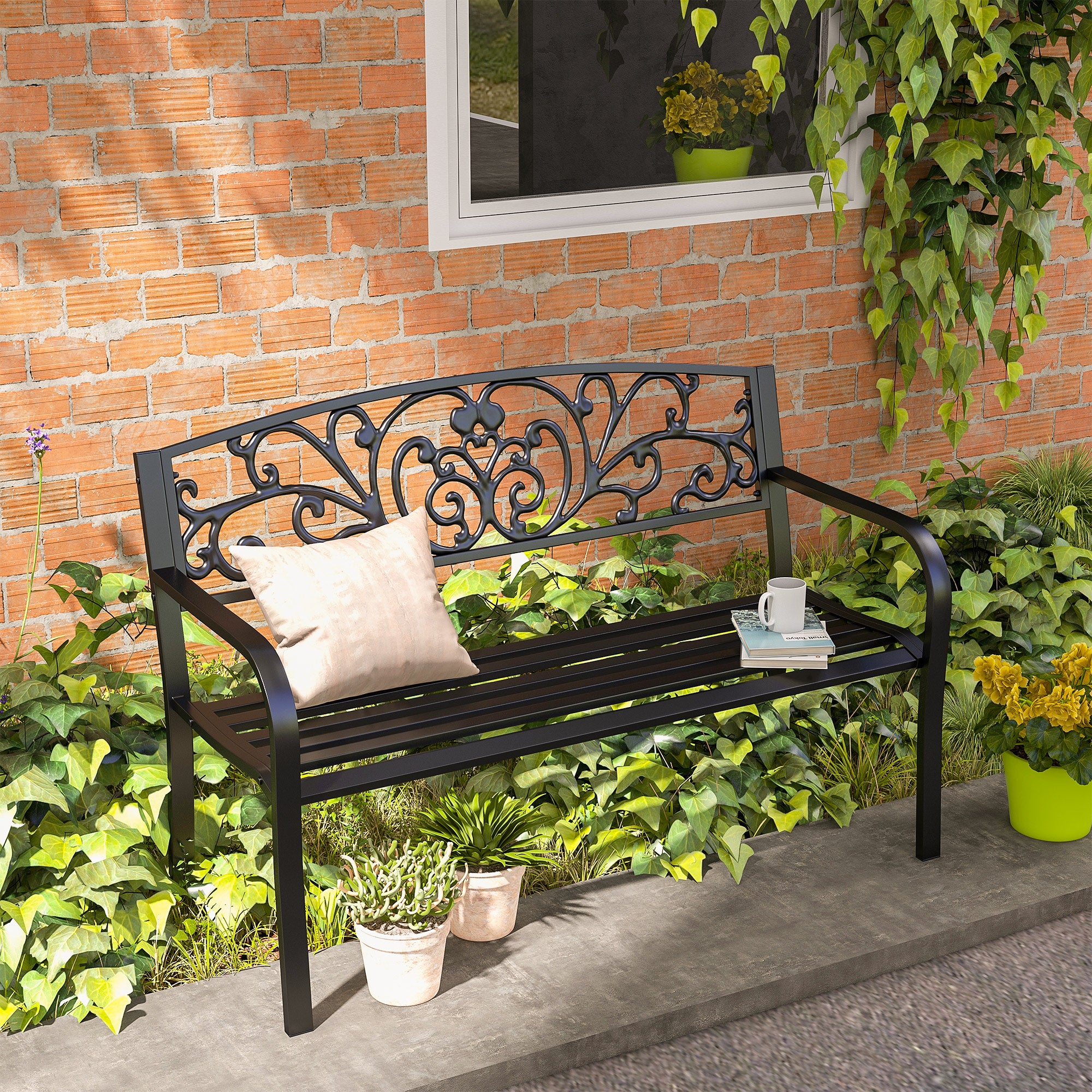 50" Blossoming Pattern Garden Decorative Patio Park Bench with Beautiful Floral Design & Relaxing Comfortable Build