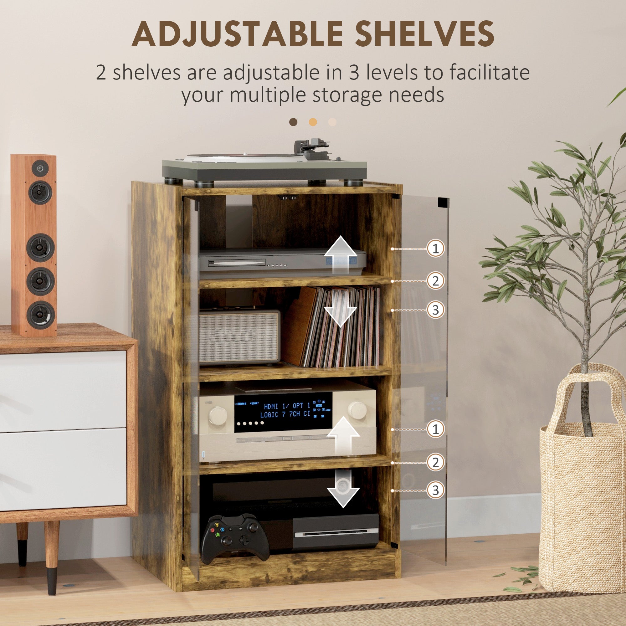 5-Tier Media Cabinet, Media Stand with Adjustable Shelves, Tempered Glass Doors, and Cable Management, Rustic Brown