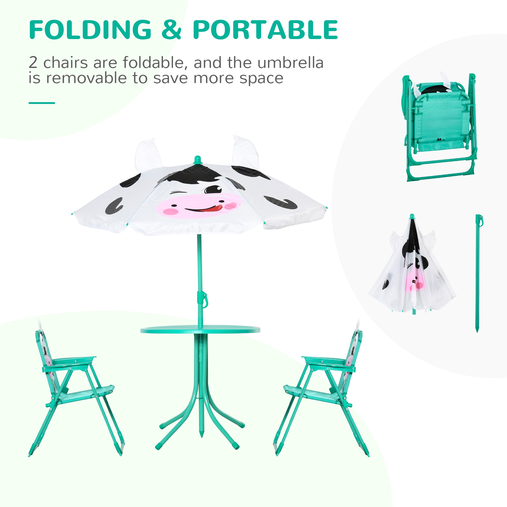 Kids Table and Chair Set, Outdoor Folding Garden Furniture, Picnic Table for Patio Backyard, with Removable & Height Adjustable Sun Umbrella, White