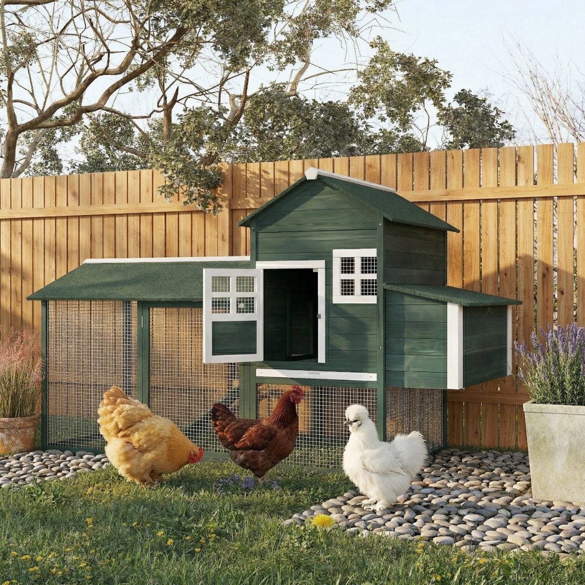 84" Wooden Chicken Coop, Hen House Outdoor with Run Nesting Box, Asphalt Roof, Removable Tray, Ramp, Poultry Cage for 2-3 Chickens, Green