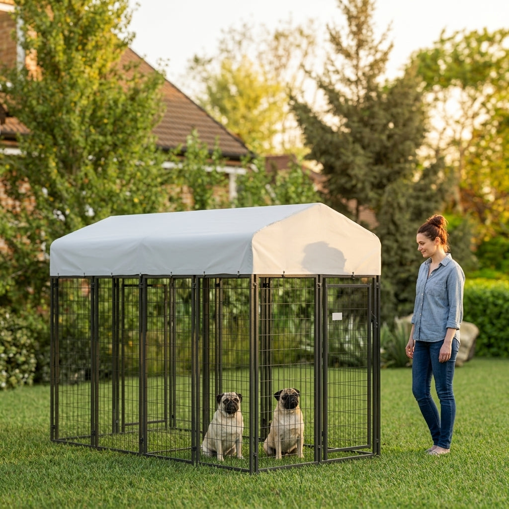 Outdoor Dog Kennel with Two-Room Design, Water-Resistant & Sun-Proof Cover, for S, M, L Dogs, 8' x 4' x 6'