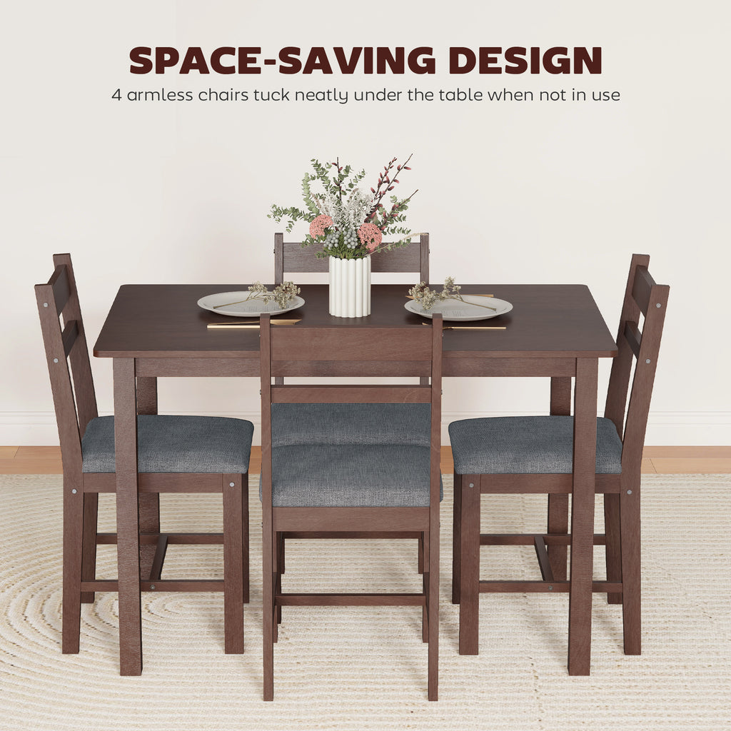 5-Piece Solid Wood Dining Table Set for 4, Farmhouse Kitchen Table with Upholstered Chairs for Dining Room, Walnut