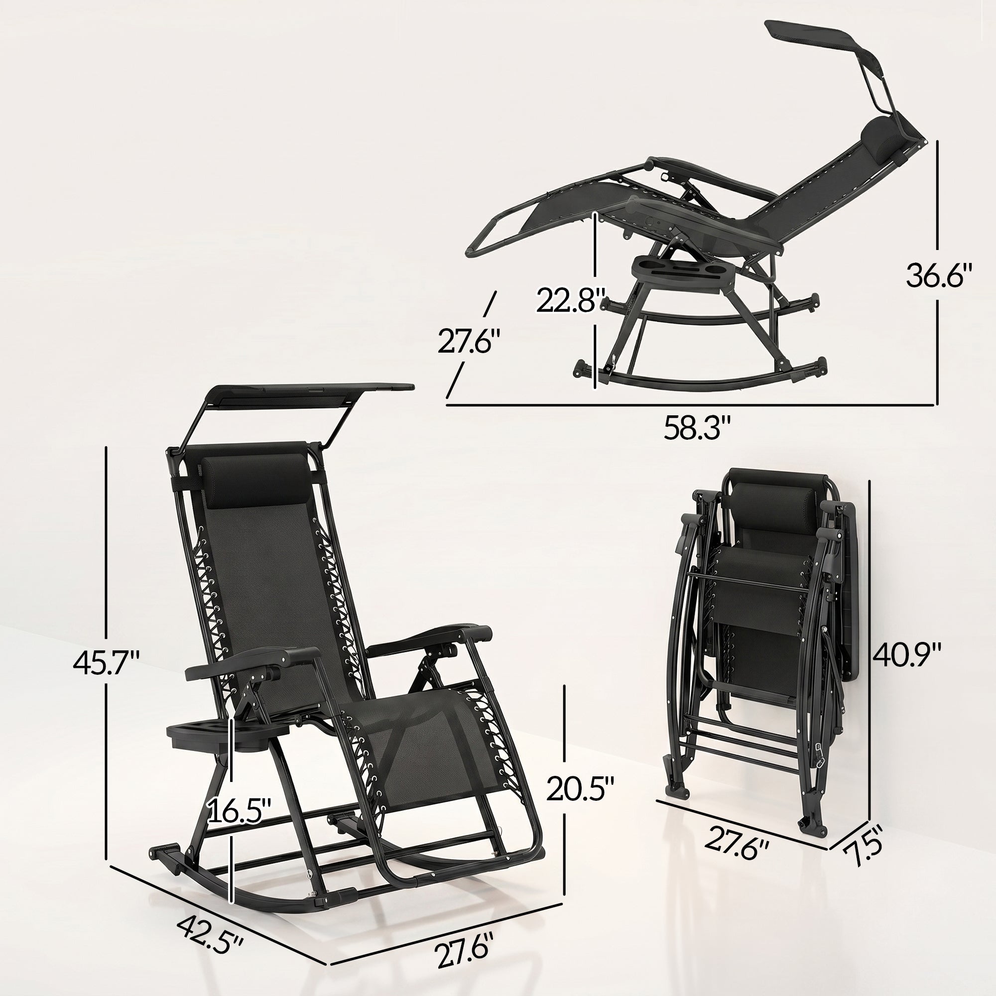 2 Outdoor Rocking Chairs Foldable Reclining Zero Gravity Lounge Rockers w/ Pillow Cup & Phone Holder, Black